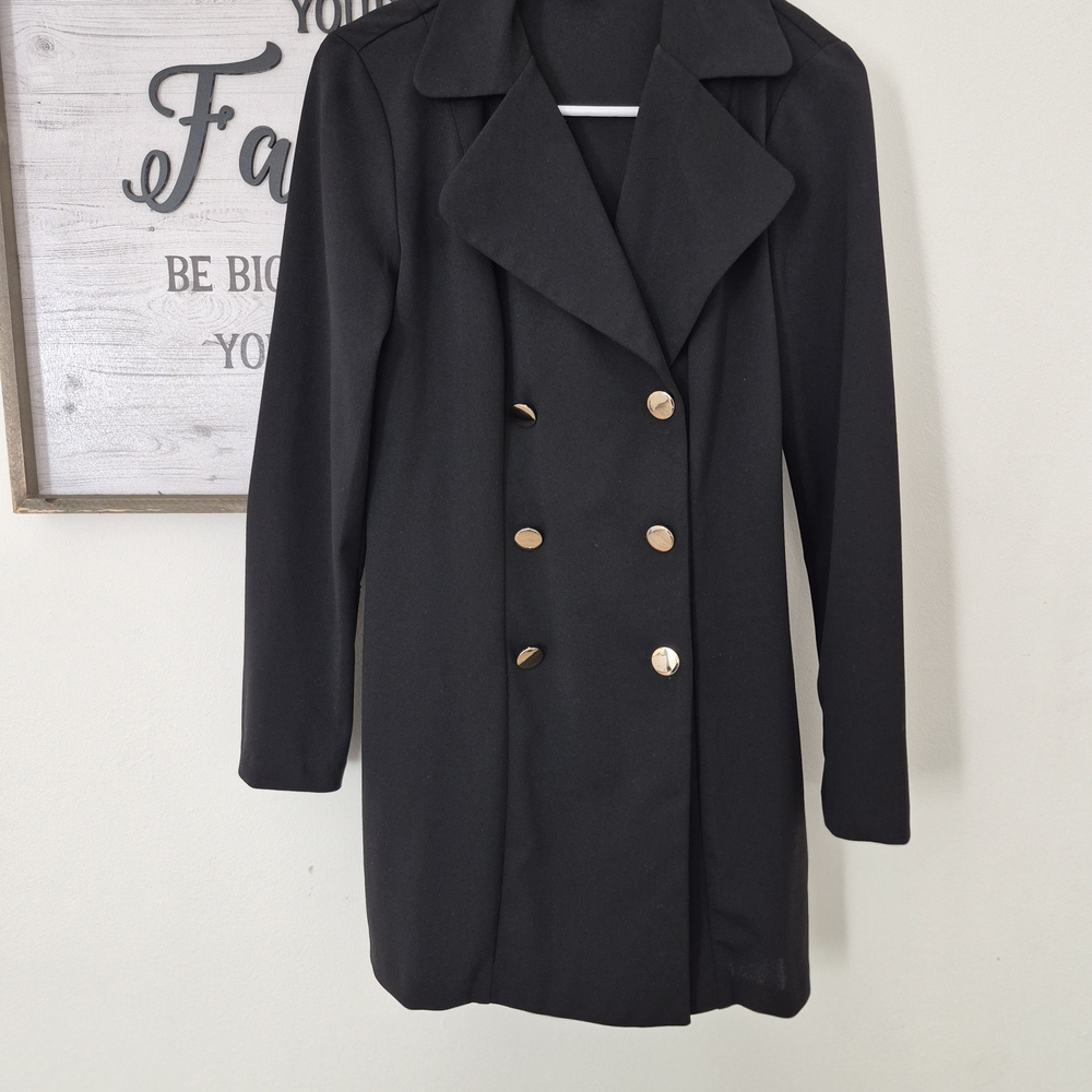 Chic Black Pea Coat with Gold Buttons - Picture 2 of 8